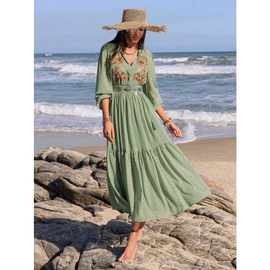 Embroidered Polka Dot Tie Neck Long Sleeve Midi Dress Gum Leaf / S Apparel and Accessories