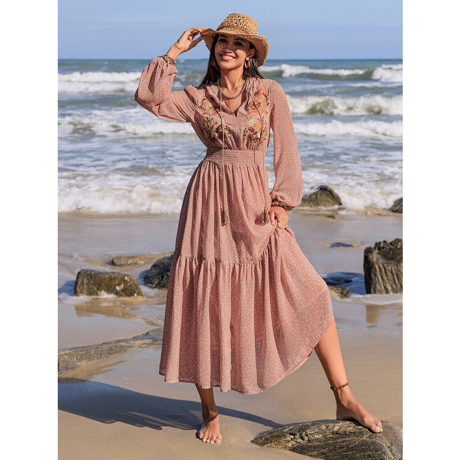 Embroidered Polka Dot Tie Neck Long Sleeve Midi Dress Pale Blush / S Apparel and Accessories