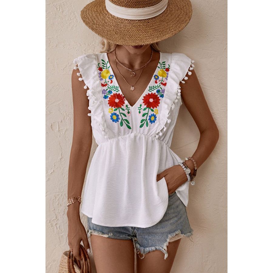 Embroidered Pom-Pom Trim Cap Sleeve Babydoll Top