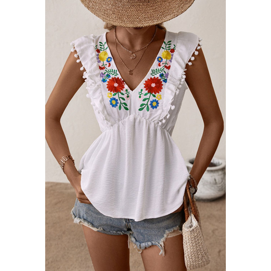 Embroidered Pom-Pom Trim Cap Sleeve Babydoll Top