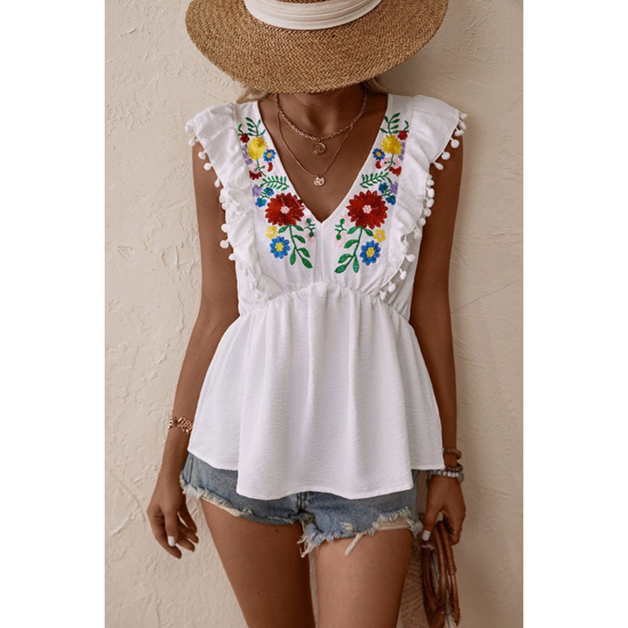 Embroidered Pom-Pom Trim Cap Sleeve Babydoll Top White / S