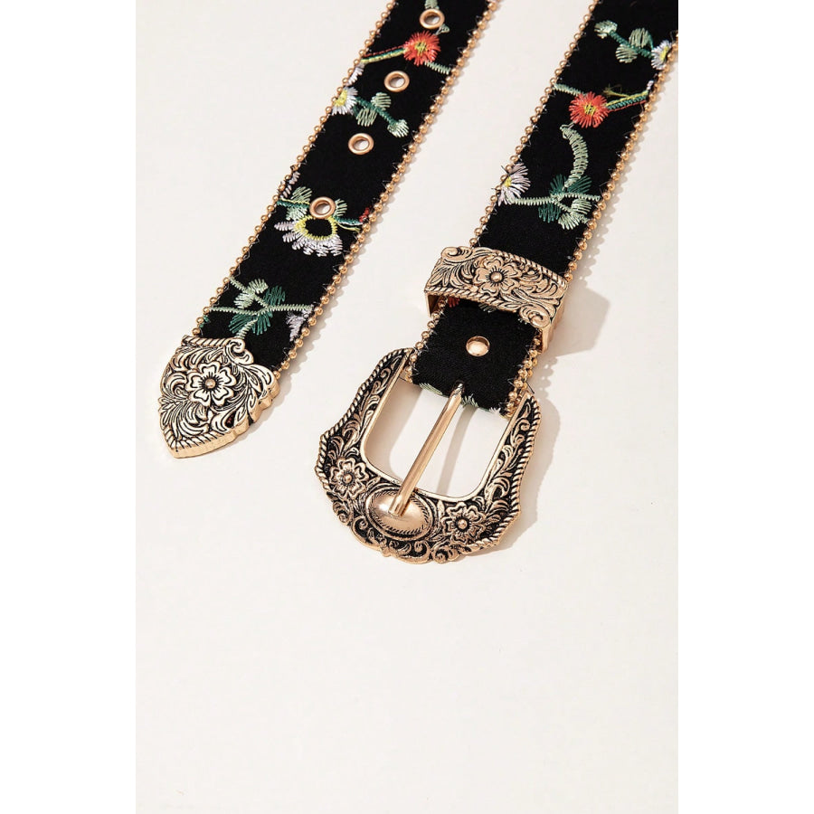 Embroidered PU Leather Adjustable Buckle Belt Black / One Size Apparel and Accessories