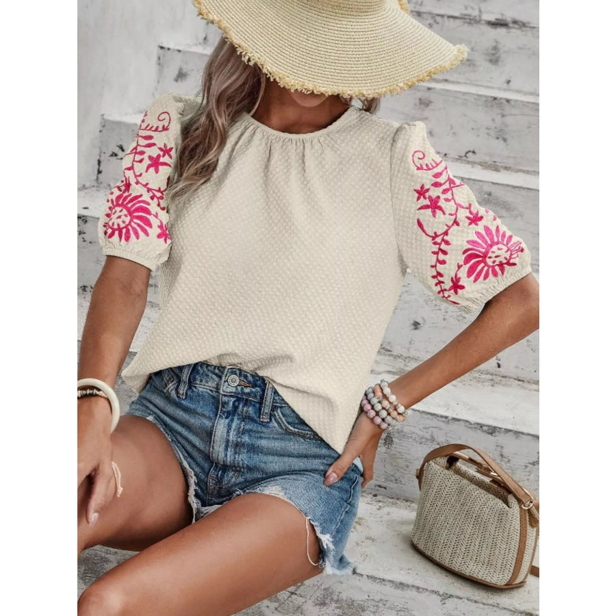 Embroidered Puff Sleeve Blouse Apparel and Accessories