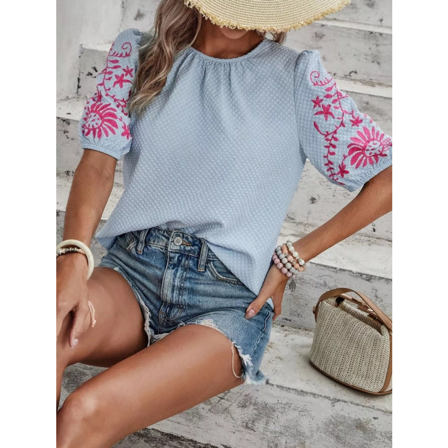 Embroidered Puff Sleeve Blouse Apparel and Accessories