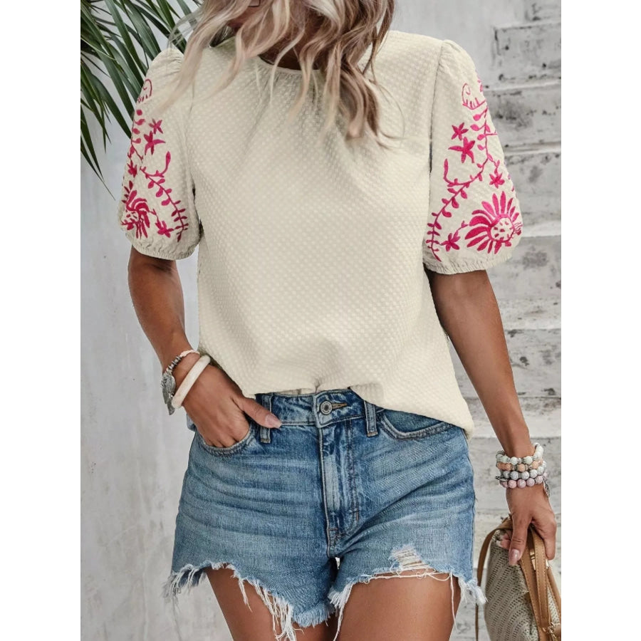 Embroidered Puff Sleeve Blouse Apparel and Accessories