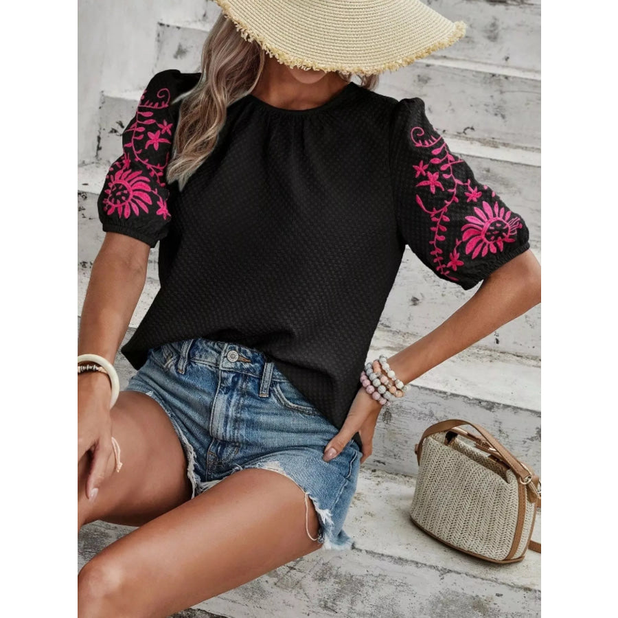 Embroidered Puff Sleeve Blouse Apparel and Accessories