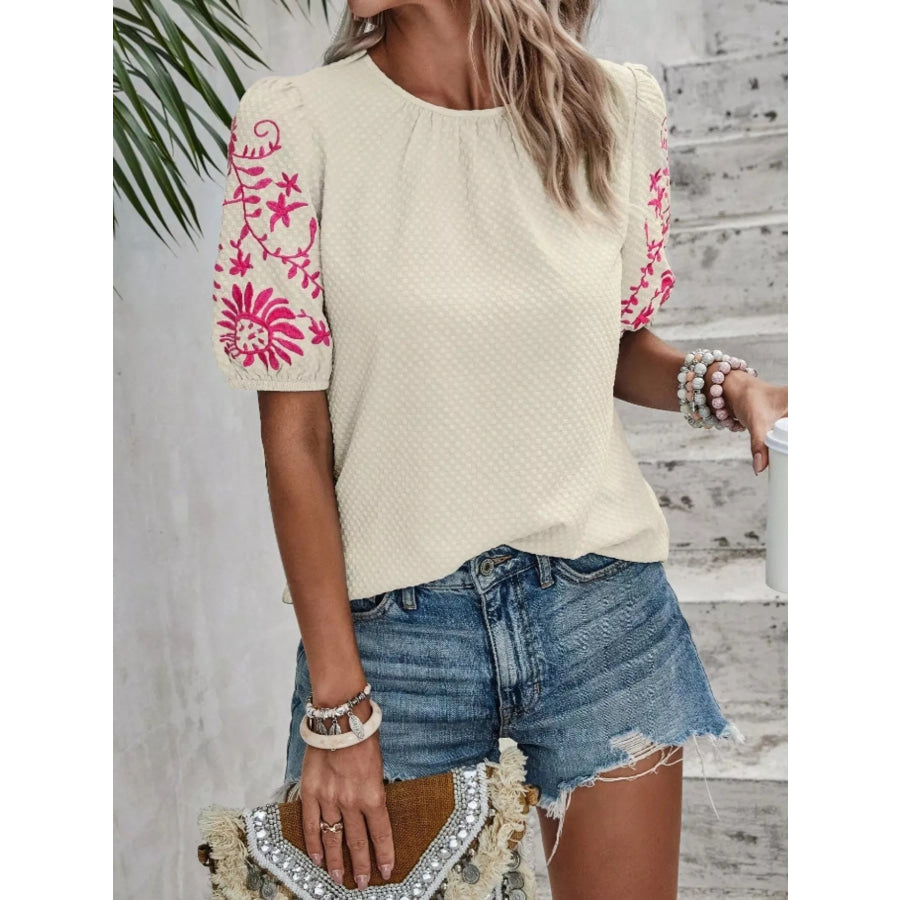Embroidered Puff Sleeve Blouse Apricot / S Apparel and Accessories