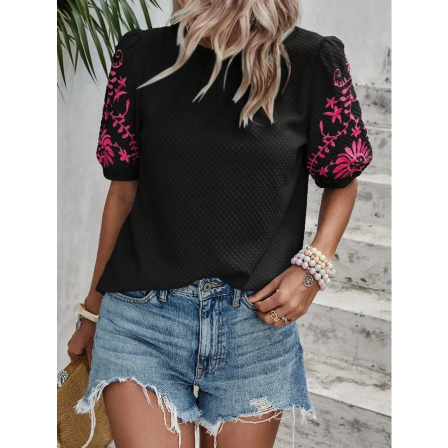 Embroidered Puff Sleeve Blouse Black / S Apparel and Accessories
