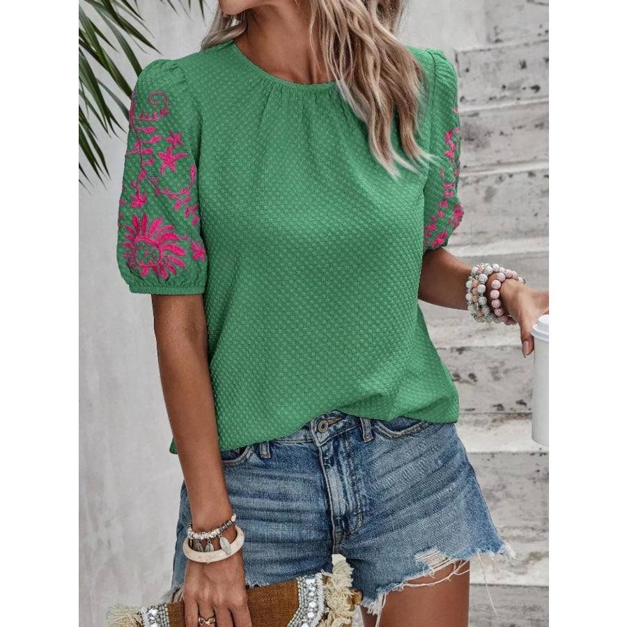 Embroidered Puff Sleeve Blouse Green / S Apparel and Accessories