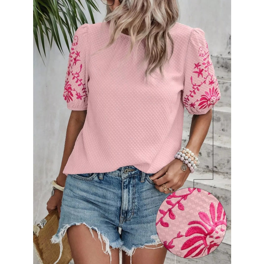 Embroidered Puff Sleeve Blouse Pink / S Apparel and Accessories