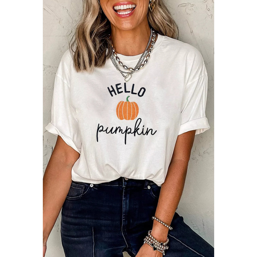 Embroidered Pumpkin Slogan Short Sleeve T-Shirt White / S Apparel and Accessories
