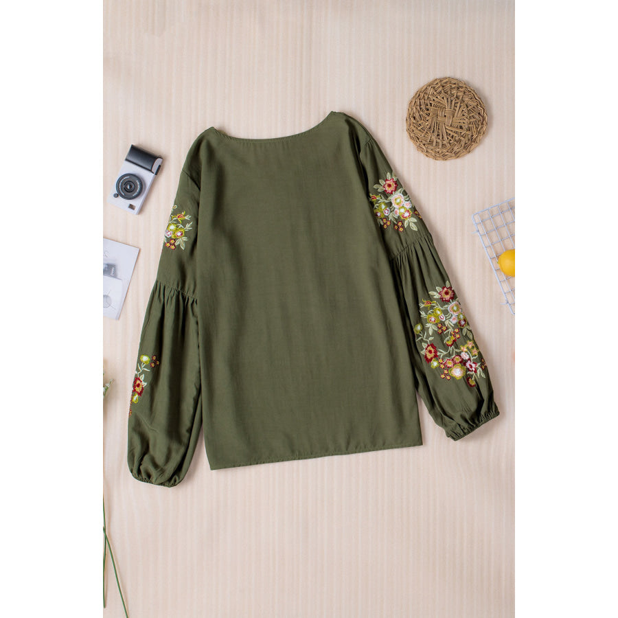 Embroidered Round Neck Balloon Sleeve T - Shirt Apparel and Accessories