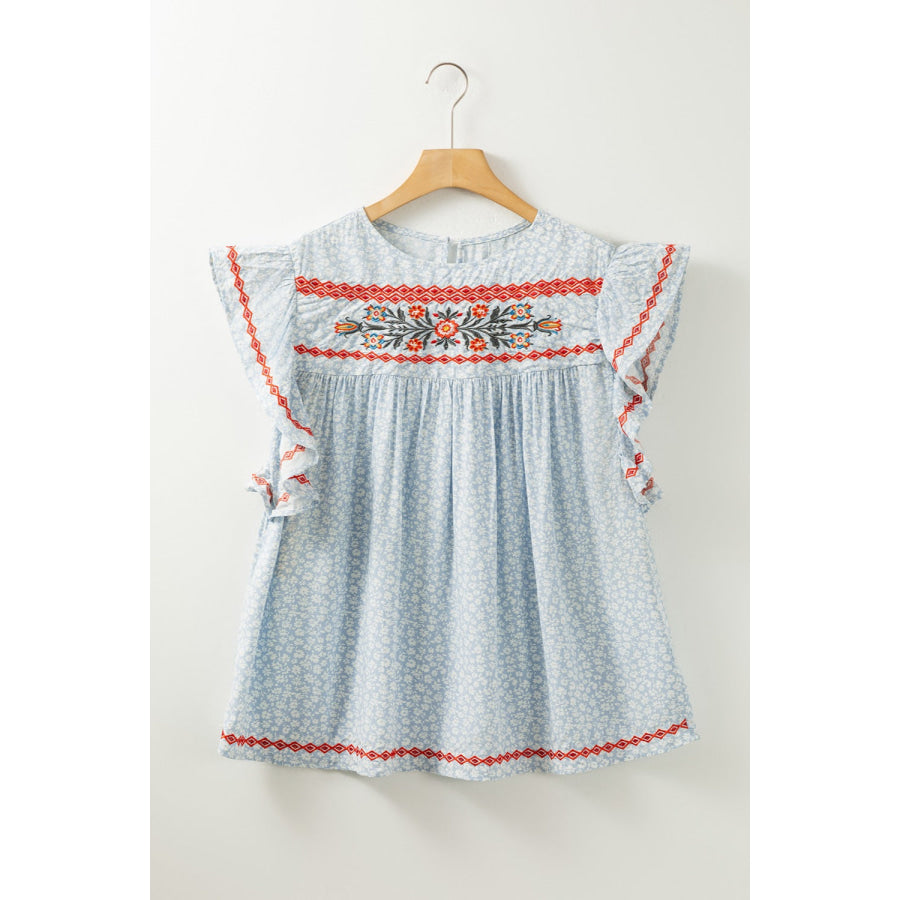 Embroidered Round Neck Cap Sleeve Blouse Apparel and Accessories