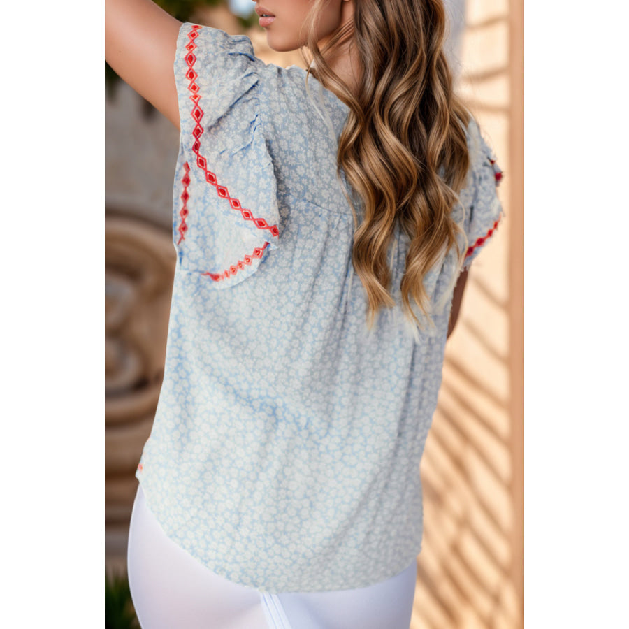 Embroidered Round Neck Cap Sleeve Blouse Apparel and Accessories