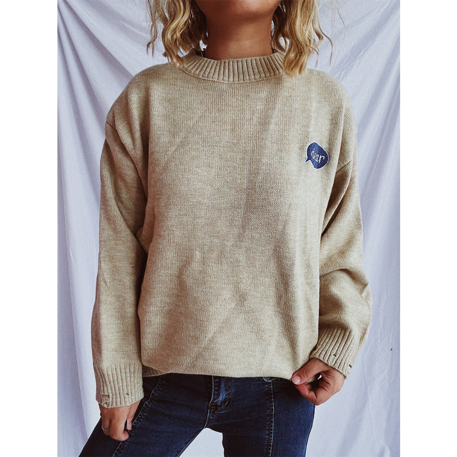 Embroidered Round Neck Dropped Shoulder Sweater Tan / One Size Apparel and Accessories