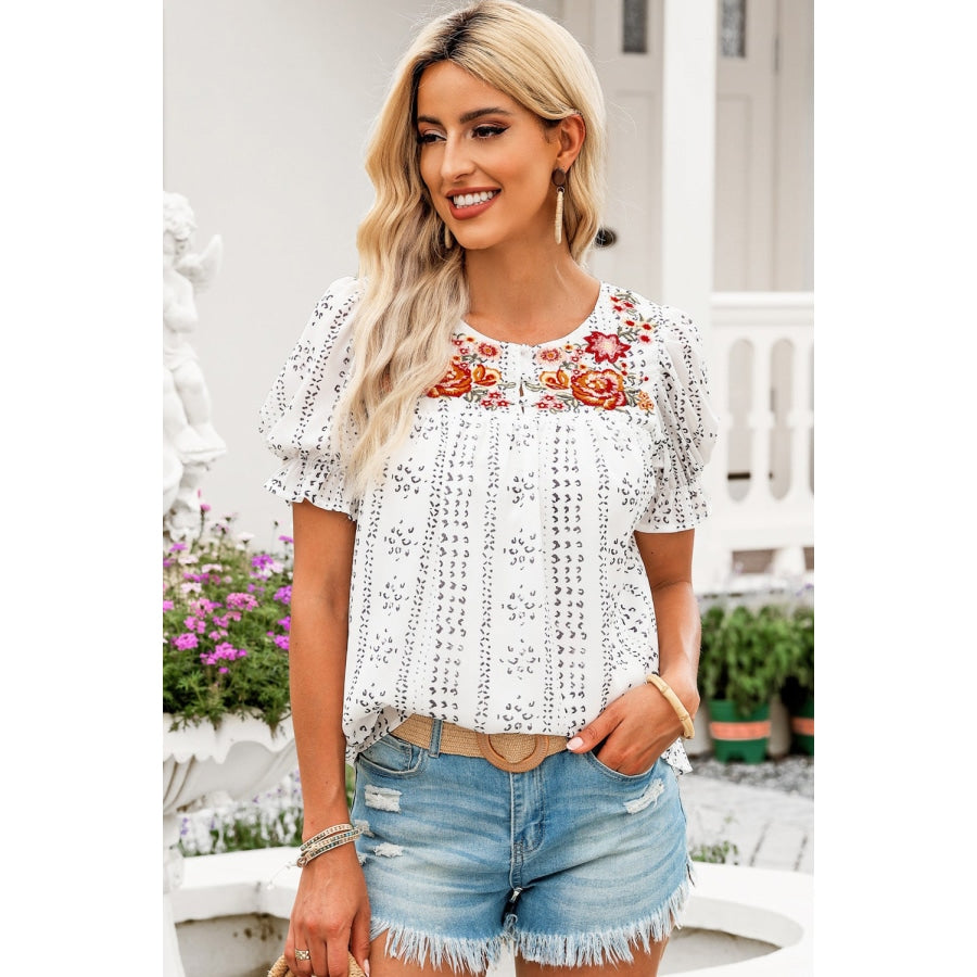 Embroidered Round Neck Flounce Sleeve Blouse