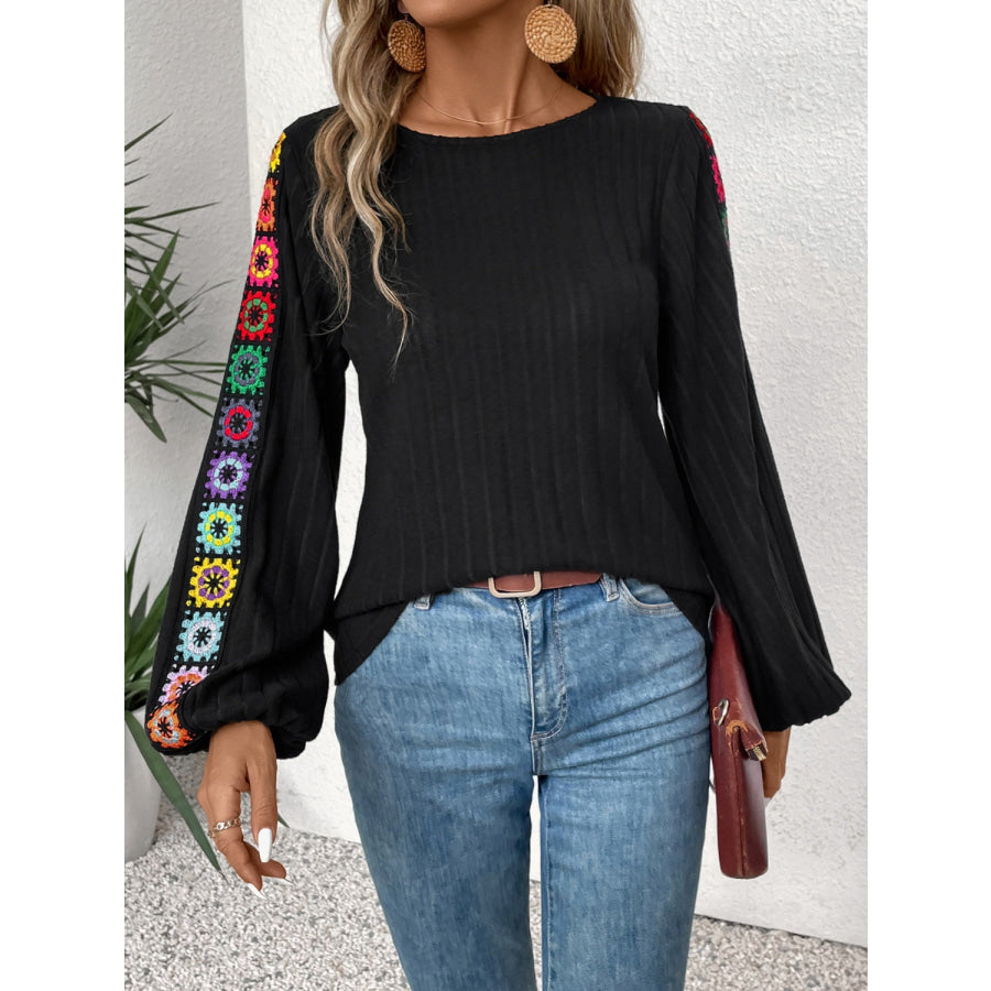 Embroidered Round Neck Long Sleeve Blouse Apparel and Accessories