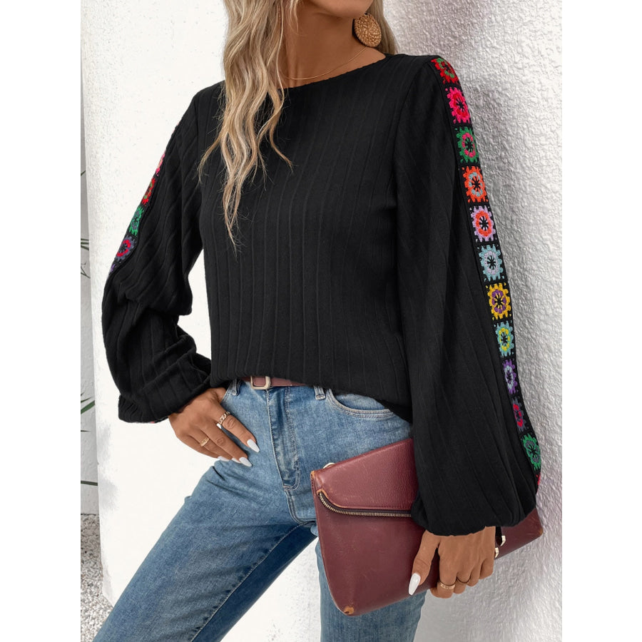 Embroidered Round Neck Long Sleeve Blouse Apparel and Accessories