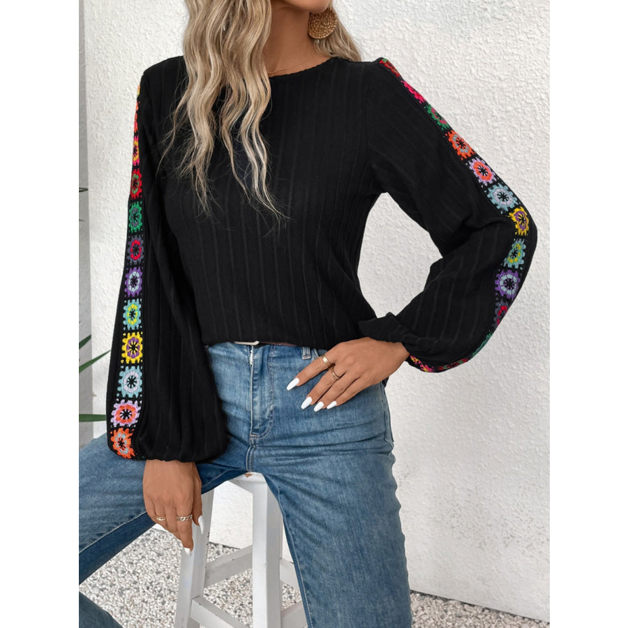 Embroidered Round Neck Long Sleeve Blouse Apparel and Accessories