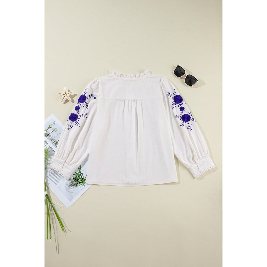 Embroidered Round Neck Long Sleeve Blouse White / S Apparel and Accessories