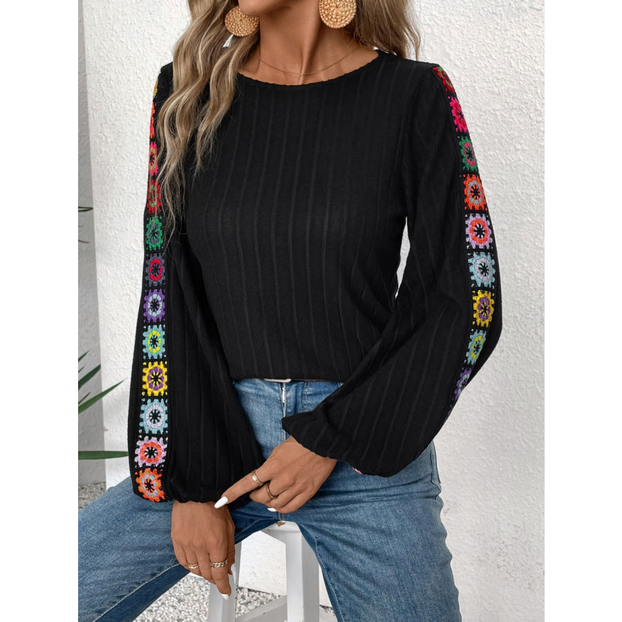 Embroidered Round Neck Long Sleeve Blouse Apparel and Accessories