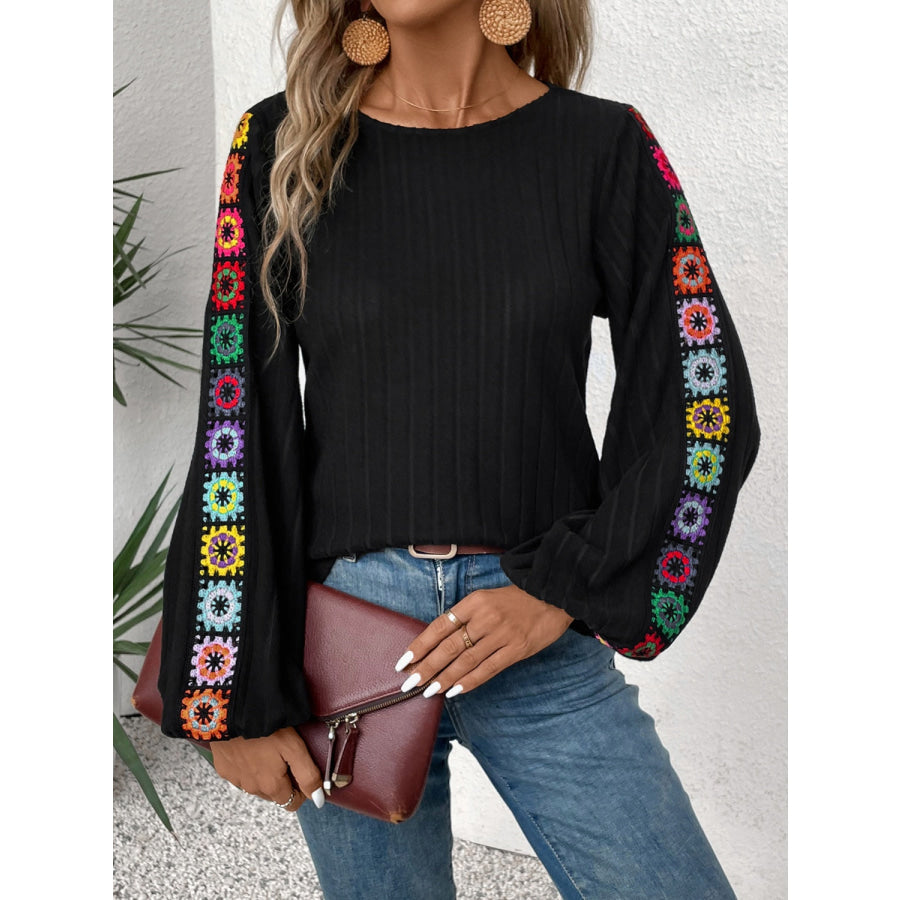 Embroidered Round Neck Long Sleeve Blouse Black / S Apparel and Accessories