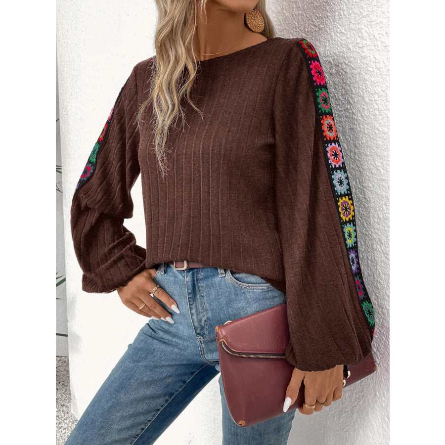 Embroidered Round Neck Long Sleeve Blouse Brown / L Apparel and Accessories