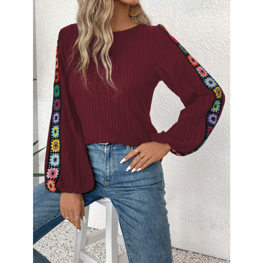 Embroidered Round Neck Long Sleeve Blouse Burgundy / L Apparel and Accessories