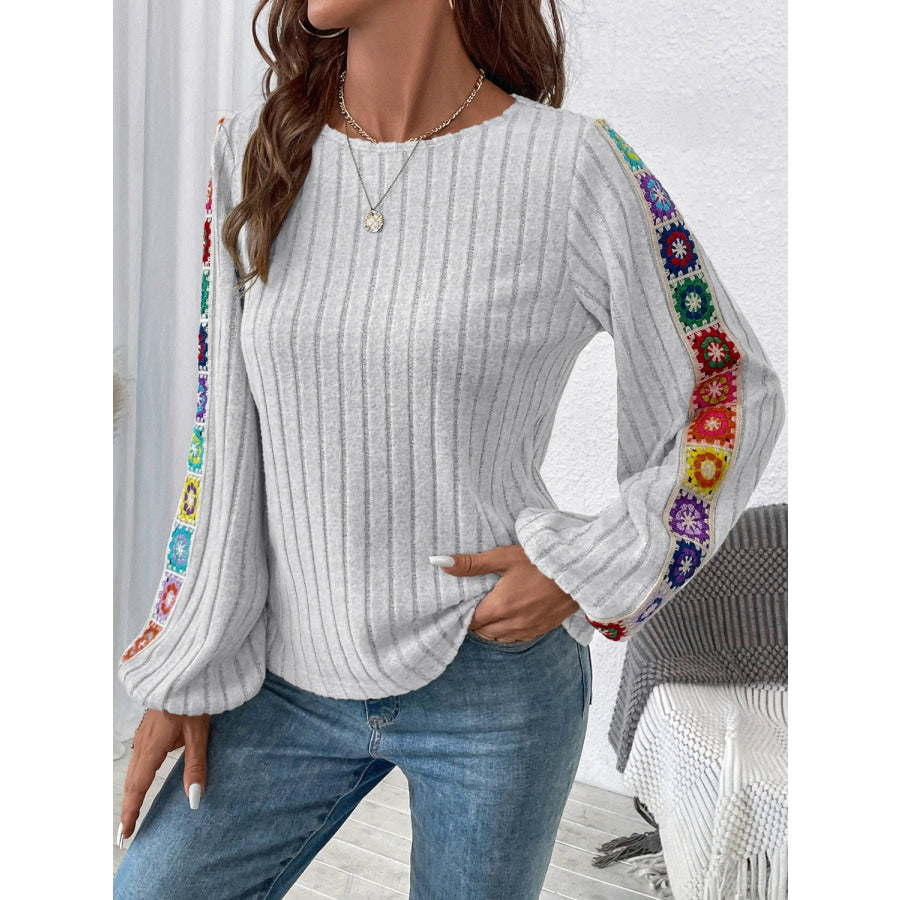 Embroidered Round Neck Long Sleeve Blouse Gray / L Apparel and Accessories