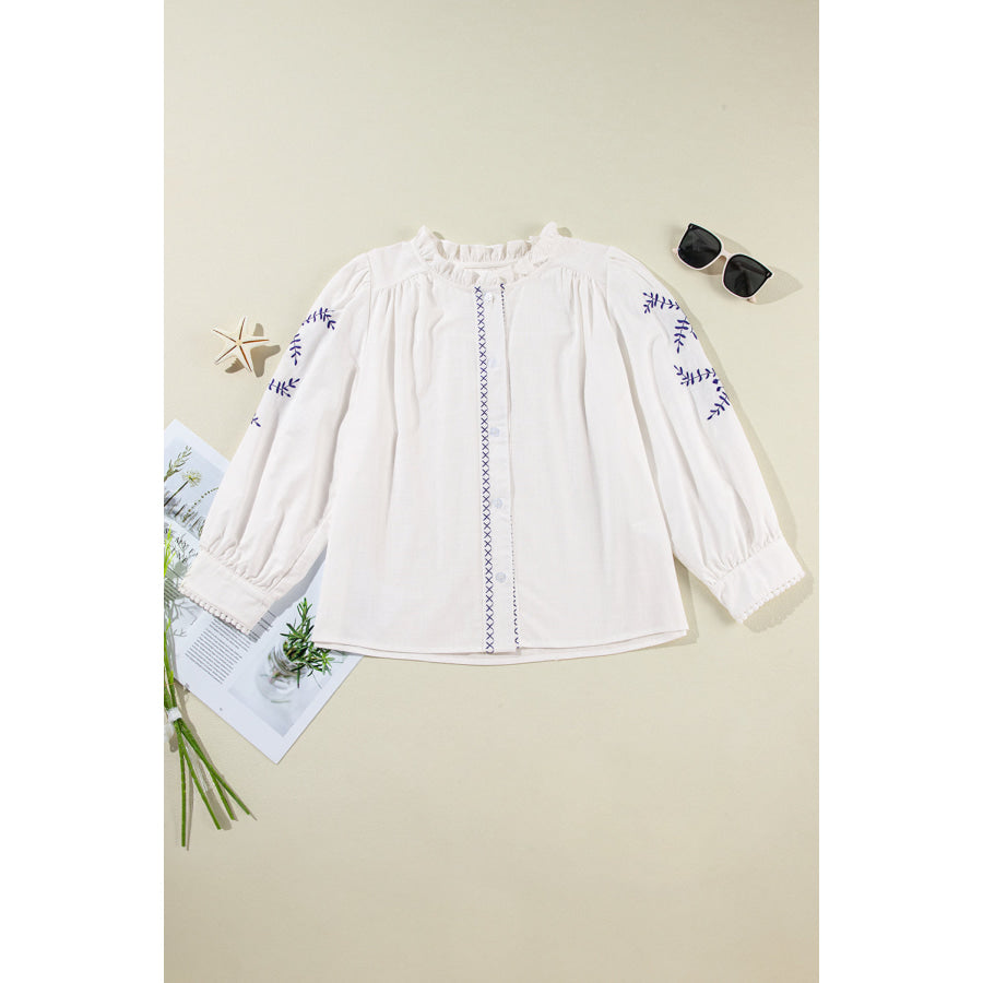 Embroidered Round Neck Long Sleeve Blouse White / S Apparel and Accessories