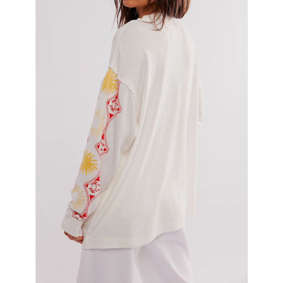 Embroidered Round Neck Long Sleeve Sweatshirt Apparel and Accessories