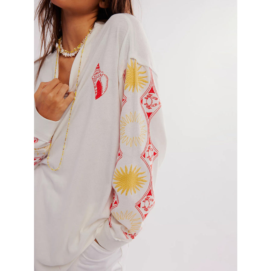 Embroidered Round Neck Long Sleeve Sweatshirt Apparel and Accessories