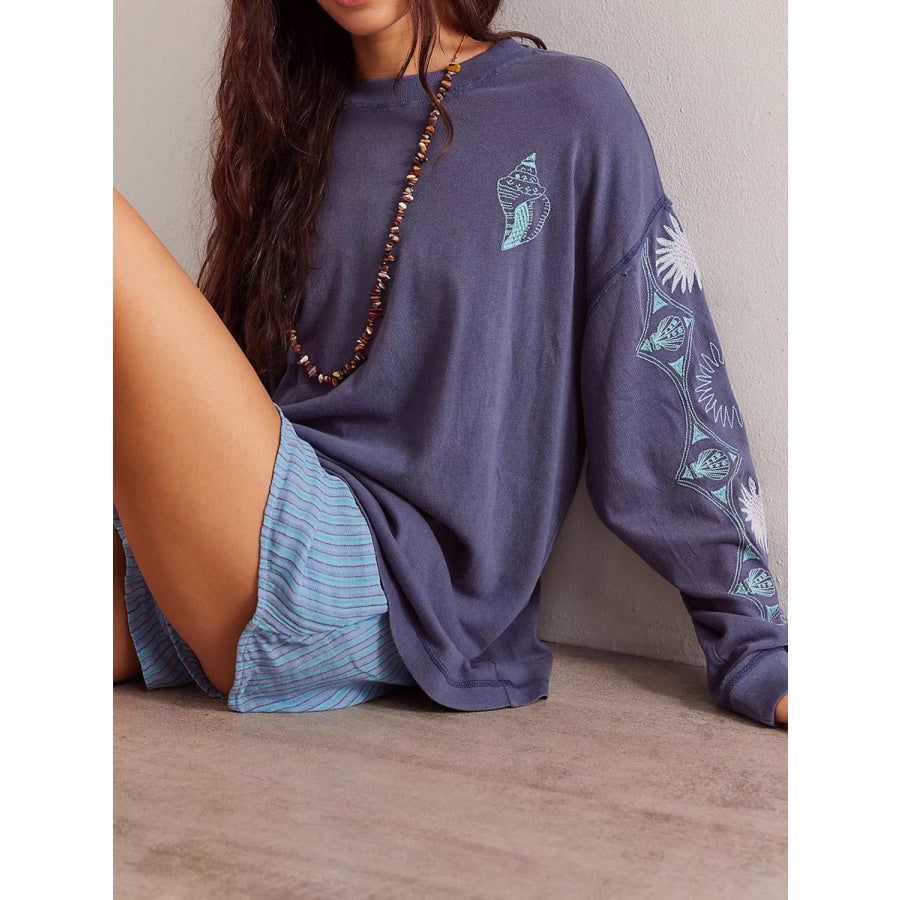 Embroidered Round Neck Long Sleeve Sweatshirt Apparel and Accessories