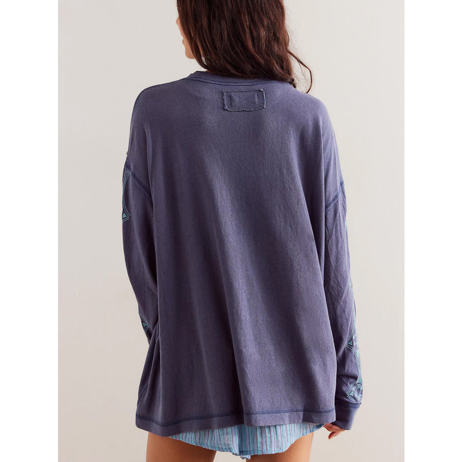 Embroidered Round Neck Long Sleeve Sweatshirt Apparel and Accessories