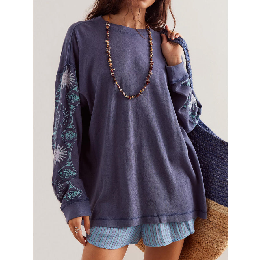 Embroidered Round Neck Long Sleeve Sweatshirt Apparel and Accessories