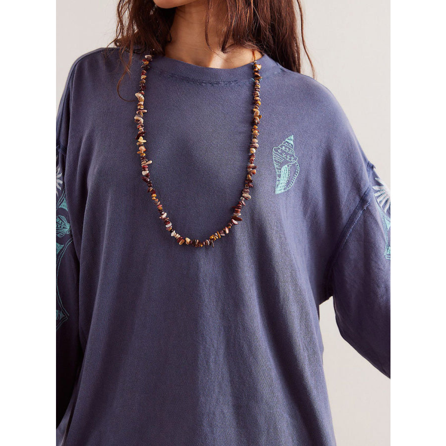 Embroidered Round Neck Long Sleeve Sweatshirt Light Indigo / S Apparel and Accessories