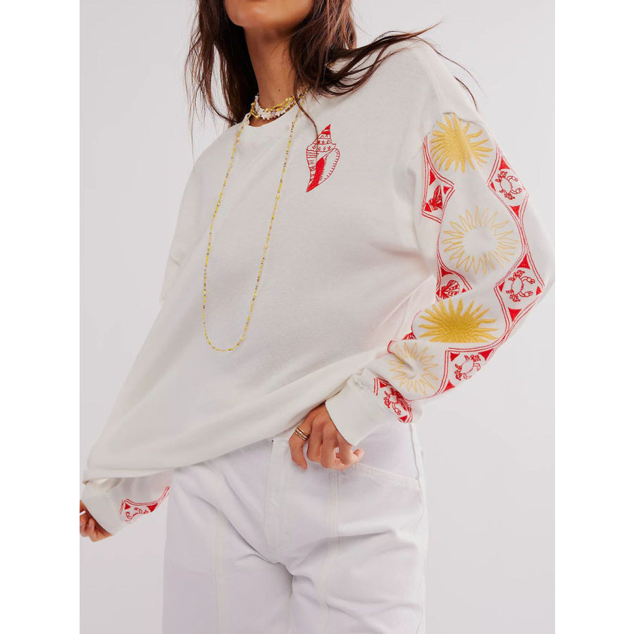 Embroidered Round Neck Long Sleeve Sweatshirt White / S Apparel and Accessories