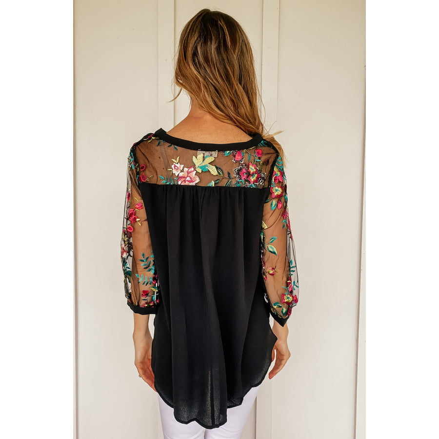 Embroidered Round Neck Three - Quarter Sleeve T - Shirt Black / S Apparel and Accessories