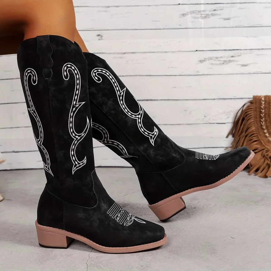 Embroidered Round Toe Block Heels Boots Black / 36 Apparel and Accessories