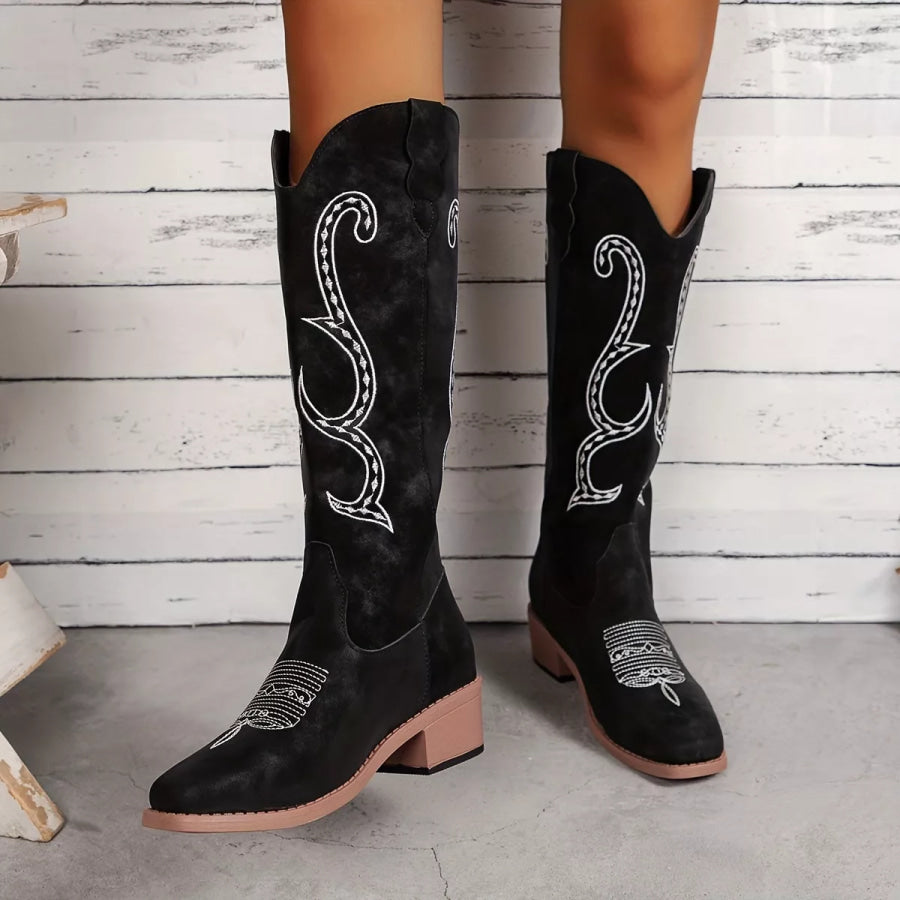 Embroidered Round Toe Block Heels Boots Black / 36 Apparel and Accessories
