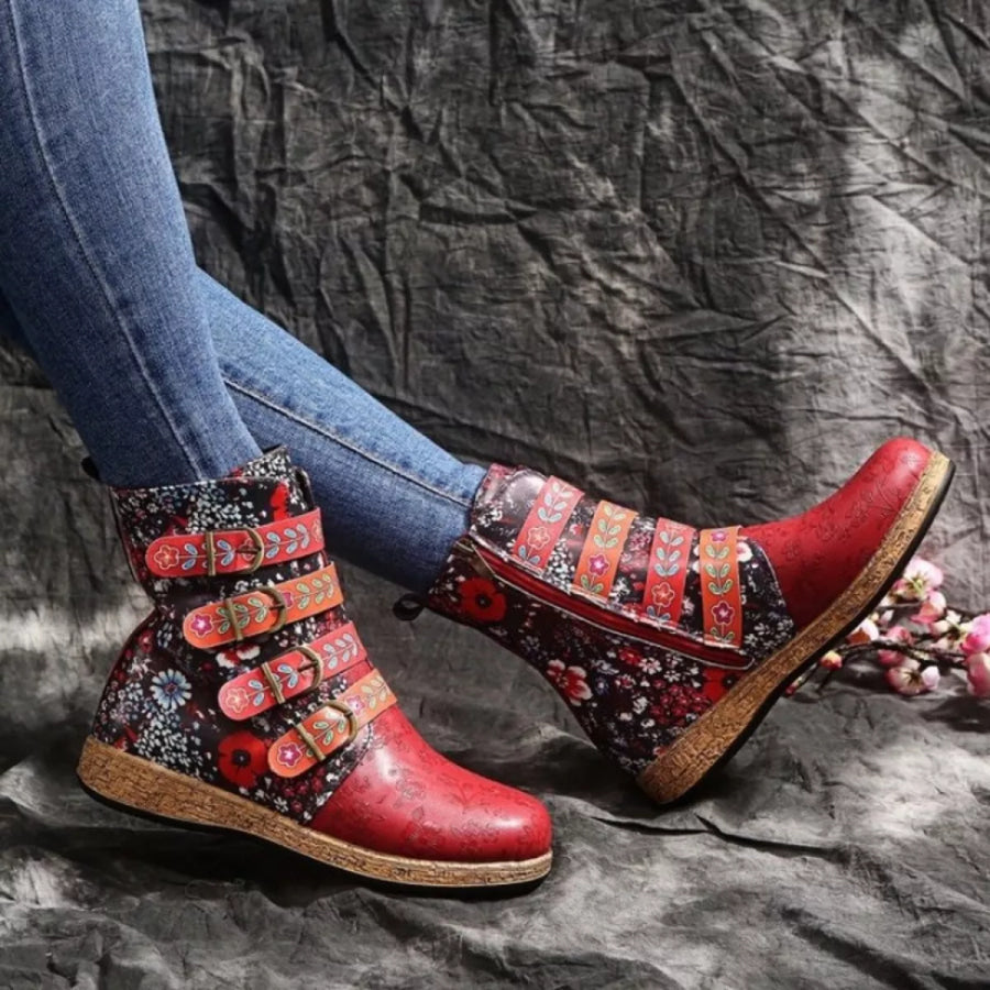 Embroidered Round Toe Boots Red / 32 Apparel and Accessories