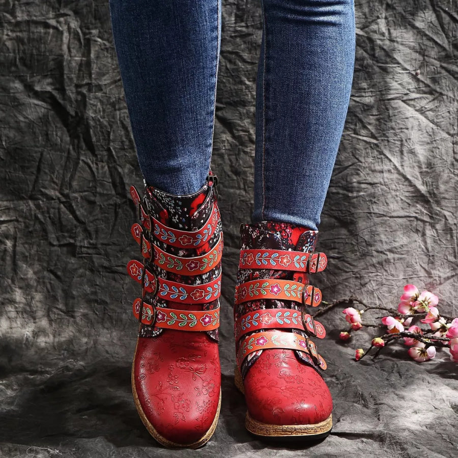 Embroidered Round Toe Boots Red / 32 Apparel and Accessories