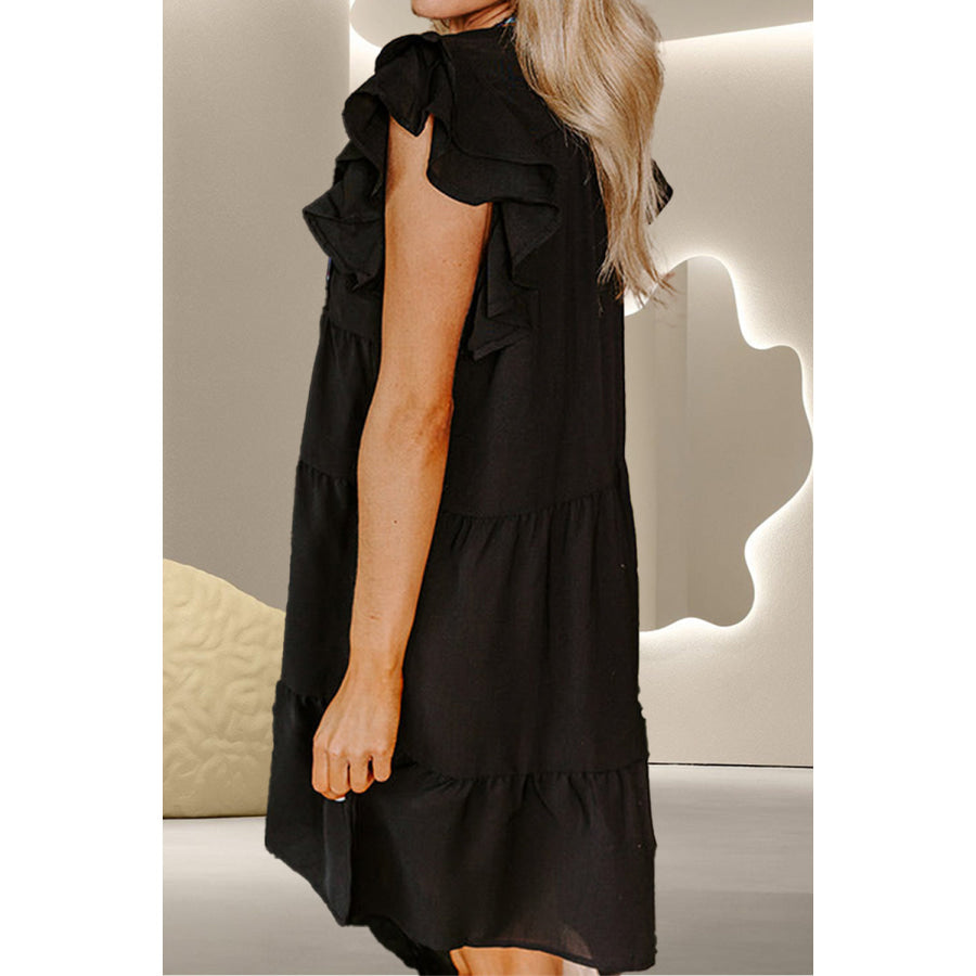 Embroidered Ruffled Cap Sleeve Mini Dress Black / S Apparel and Accessories