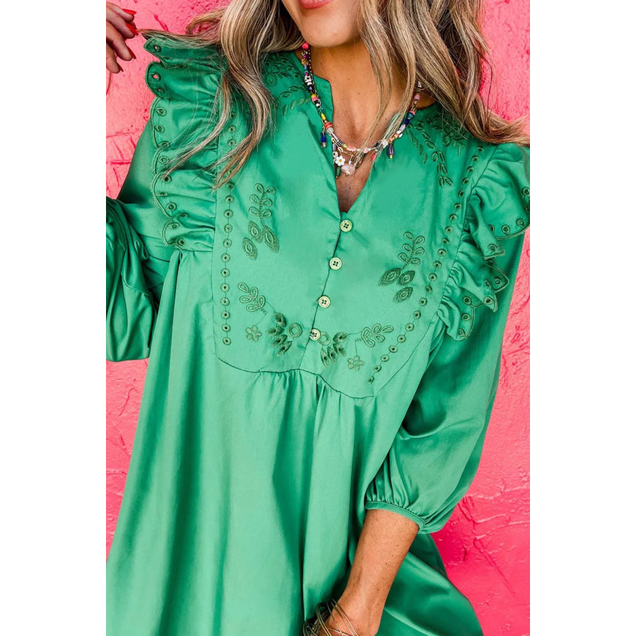 Embroidered Ruffled Notched Three-Quarter Sleeve Dress Apparel and Accessories