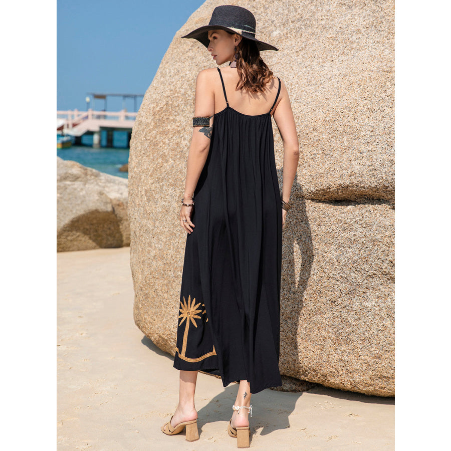 Embroidered Scoop Neck Midi Cami Dress Black / S Apparel and Accessories