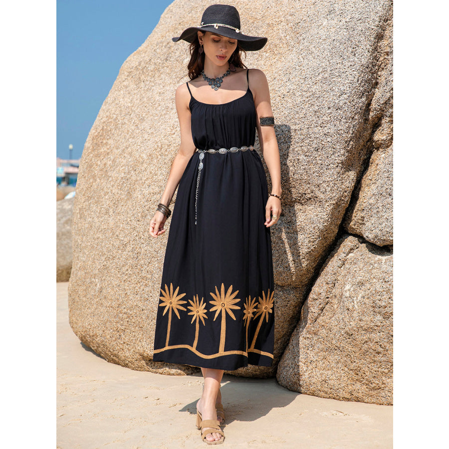 Embroidered Scoop Neck Midi Cami Dress Black / S Apparel and Accessories