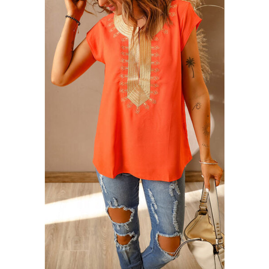 Embroidered Short Sleeve Blouse Apparel and Accessories