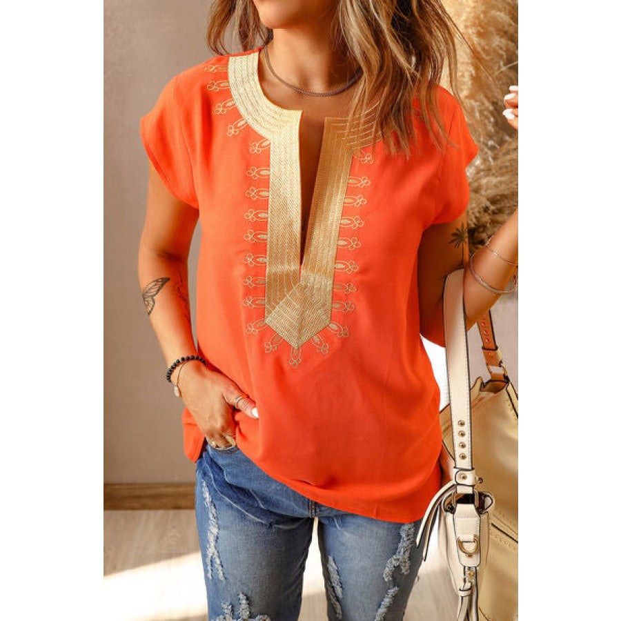 Embroidered Short Sleeve Blouse Orange / S Apparel and Accessories