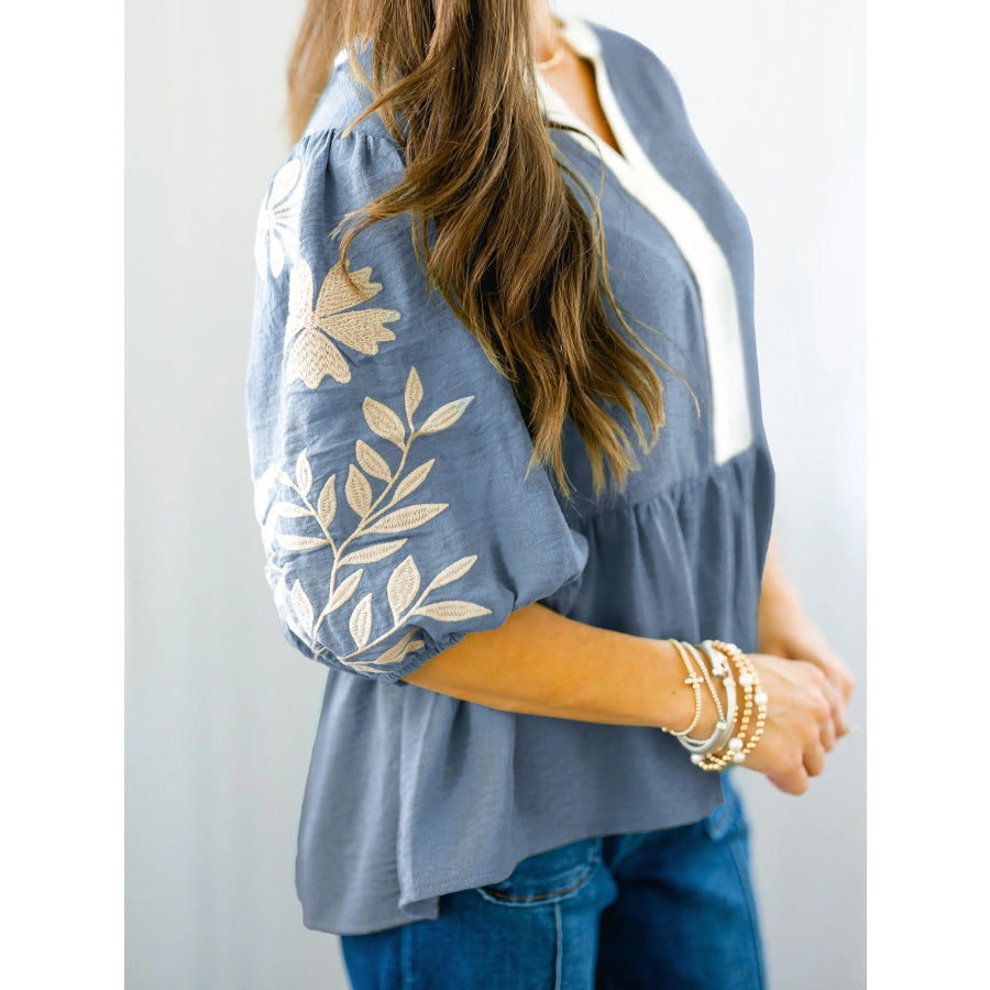 Embroidered Sleeve Peplum Blouse Apparel and Accessories
