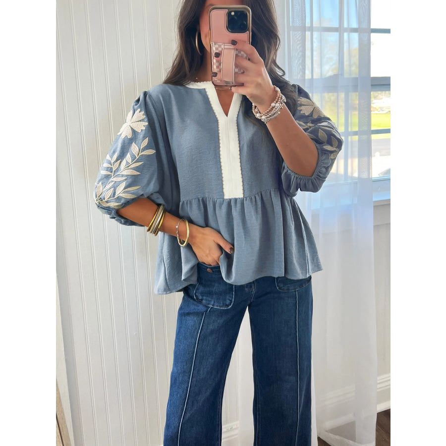 Embroidered Sleeve Peplum Blouse Apparel and Accessories